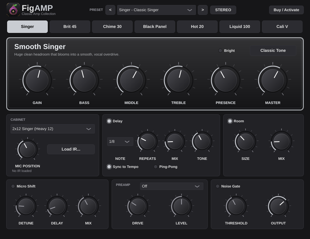 The FigAMP plugin window with amp, cabinet, delay, room, Micro Shift, preamp and noise gate sections
