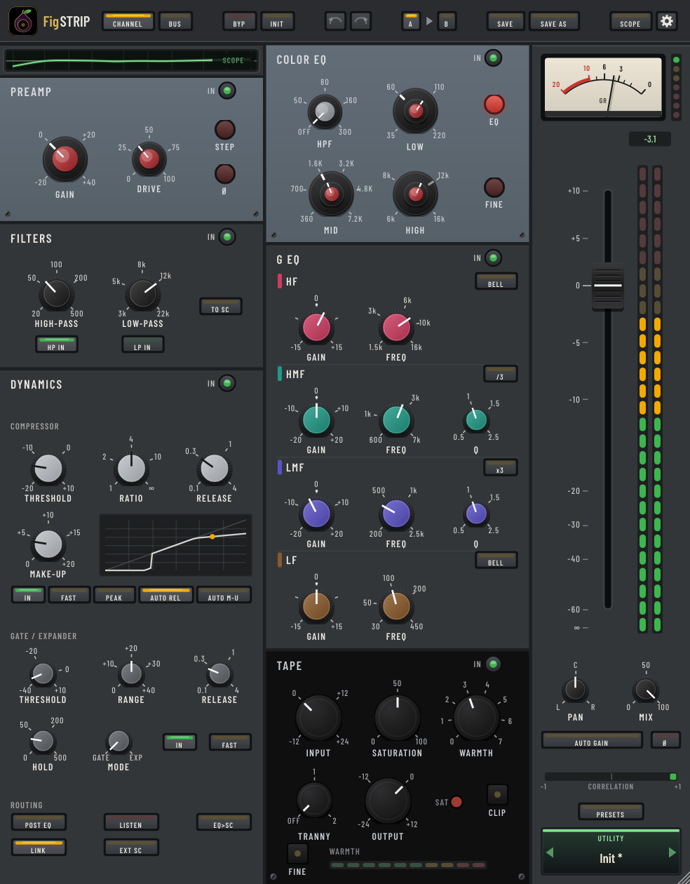 FigSTRIP in Channel mode: Preamp, Filters and Dynamics on the left, Color EQ, G EQ and Tape in the middle, and the VU meter, fader, pan, mix and preset strip on the right