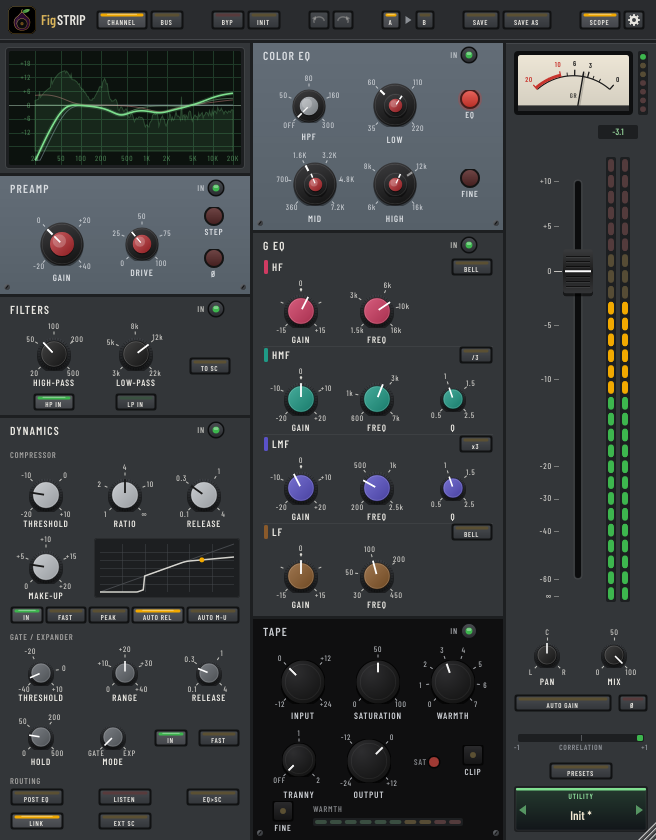 FigSTRIP with the scope open above the Preamp section